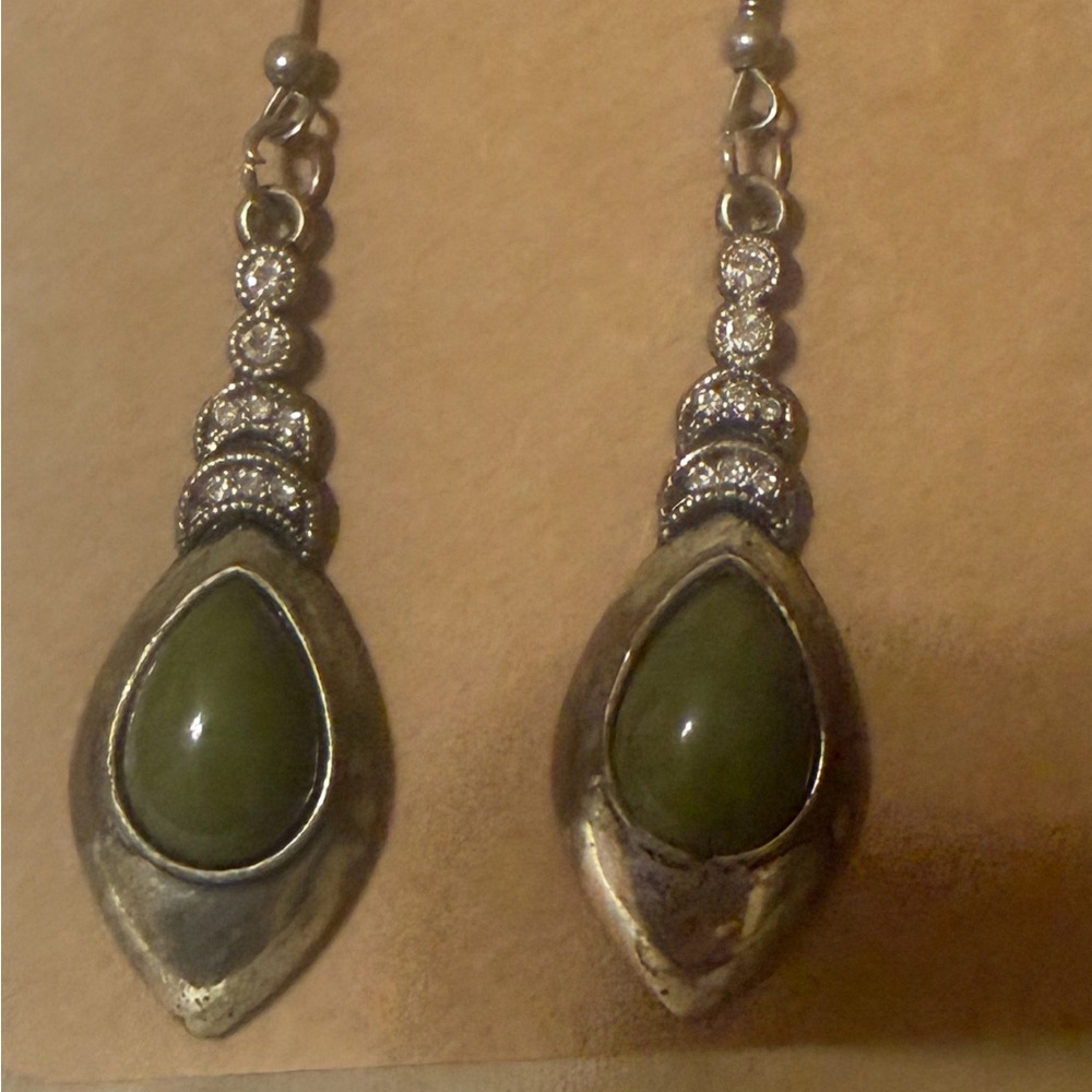 Elegant Silver and Army Green  Teardrop Earrings